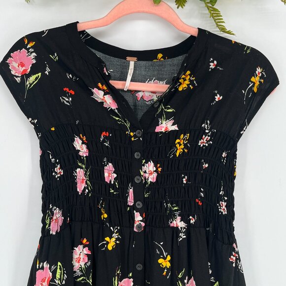 Free People Greatest Day Smocked Dress Womens XS Black Floral Midi - Picture 4 of 7